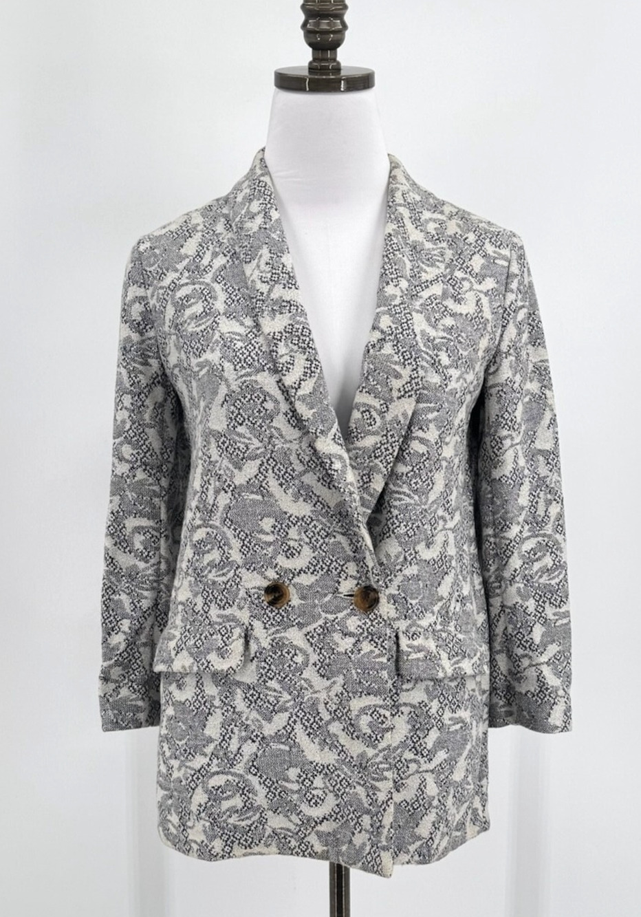 Maison Kitsune Ivory Blue Design Knit Double Breasted Blazer Jacket Sz 38 Small